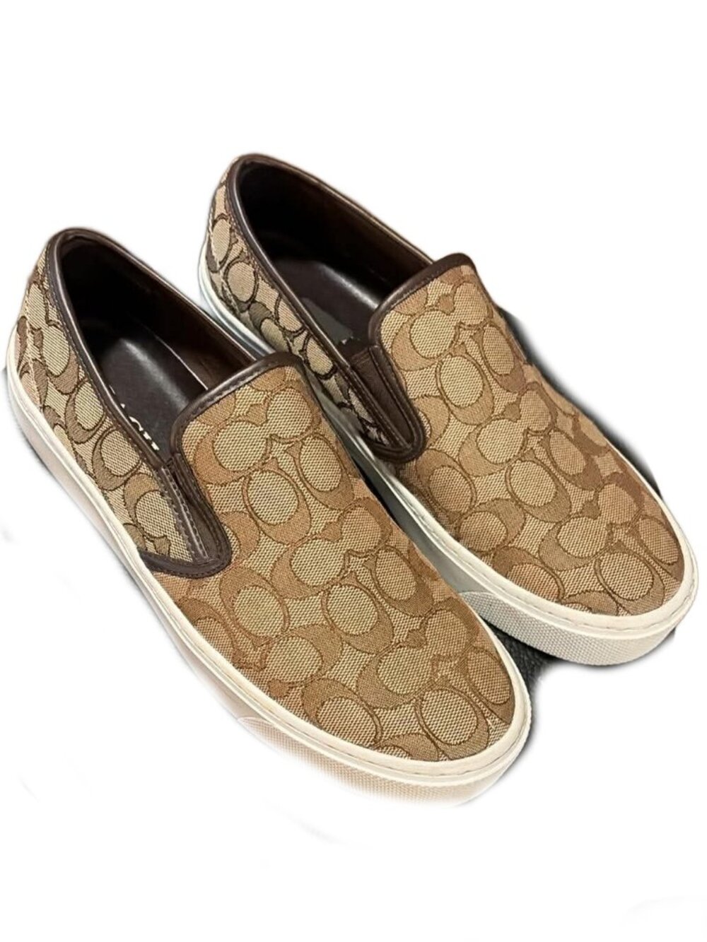 Coach Cameron Signature C Slip On Sneakers Size 10B Khaki Brown Logo Canvas